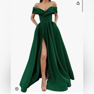 Off Shoulder Long Slit Prom Dresses A-Line Satin Formal Evening Gowns w/ Pockets
